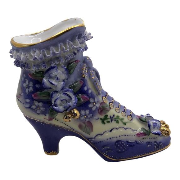 Vintage Inspired Ceramic Lace Ruffle Vivid Violet Flowers Boot Limoges - Picture 1 of 10